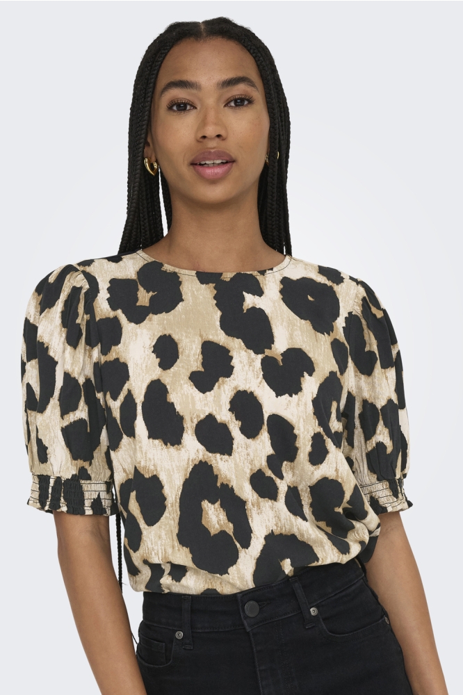 ONLMINDY S/S PUFF SLEEVE TOP WVN 15359132 TAPIOCA/NOMADIC LEO